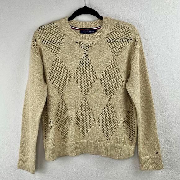Tommy Hilfiger Tan Gold Metallic Knitted Open Stitch Argyle Sweater Small NWT - Picture 11 of 12